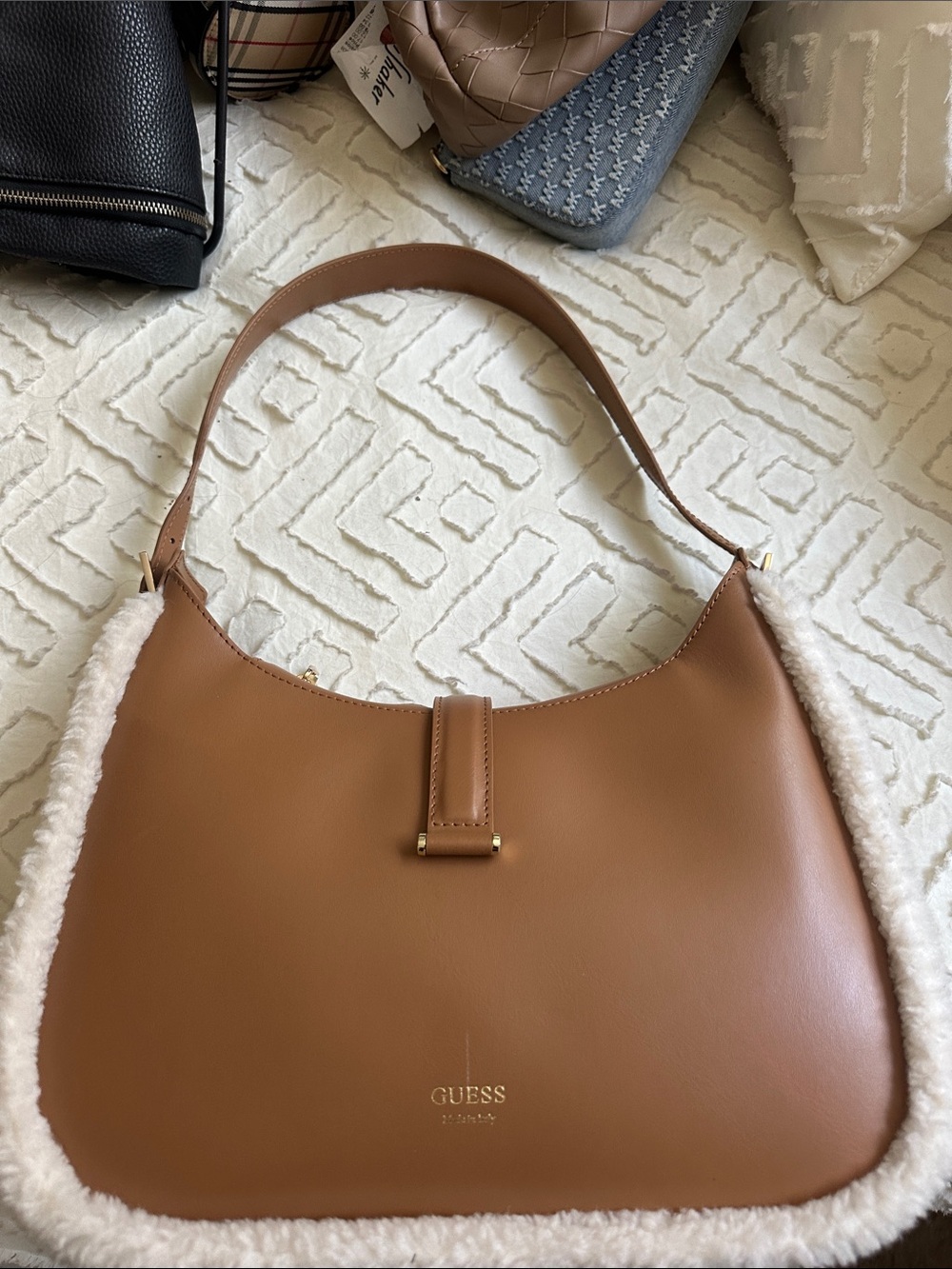 GUESS Brown Shoulder Bag with Cream Shearling Trim